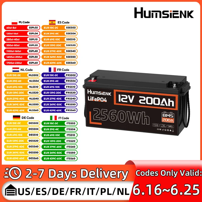 

Литий-железо-фосфатный аккумулятор Humsienk 12 В, 200 Ач, 2560 Втч для автофургонов/фургонов/троллинг-двигателей/кемпинга/лодок/рыбалки/лодок и т. д.