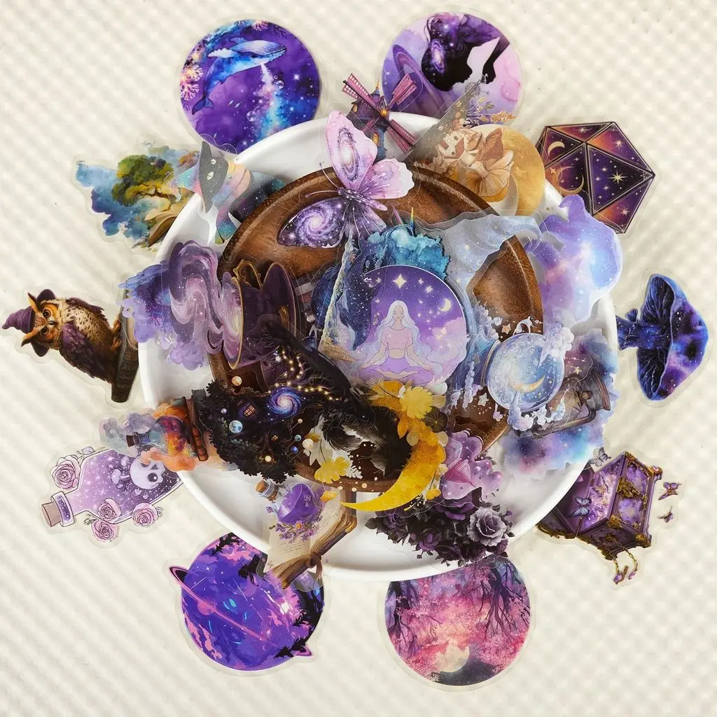 Clear PET Purple Magical Starry Sky Sticker Pack 56pcs Fantasy Planet Cartoon Decorative Stickers Golden Memory Stickers Store