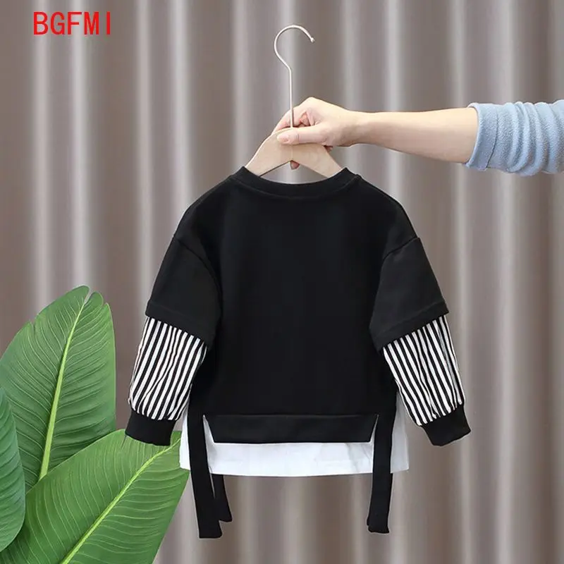 Boys Patchwork Fake two pieces Sweatshirts Spring Fall Children Letter Printing Cotton Pullover kids Tops Long Sleeve T Shirt