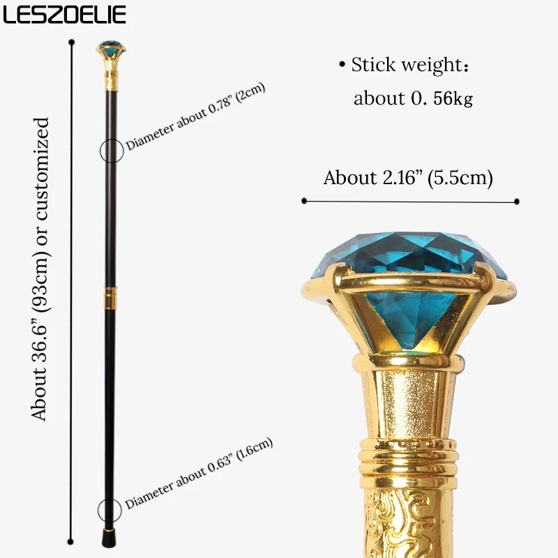 عصا المشي الماسية الزرقاء من Lake مع مقبض ذهبي، عصا عصرية أنيقة للرجال والنساء، عصا المشي المزخرفة