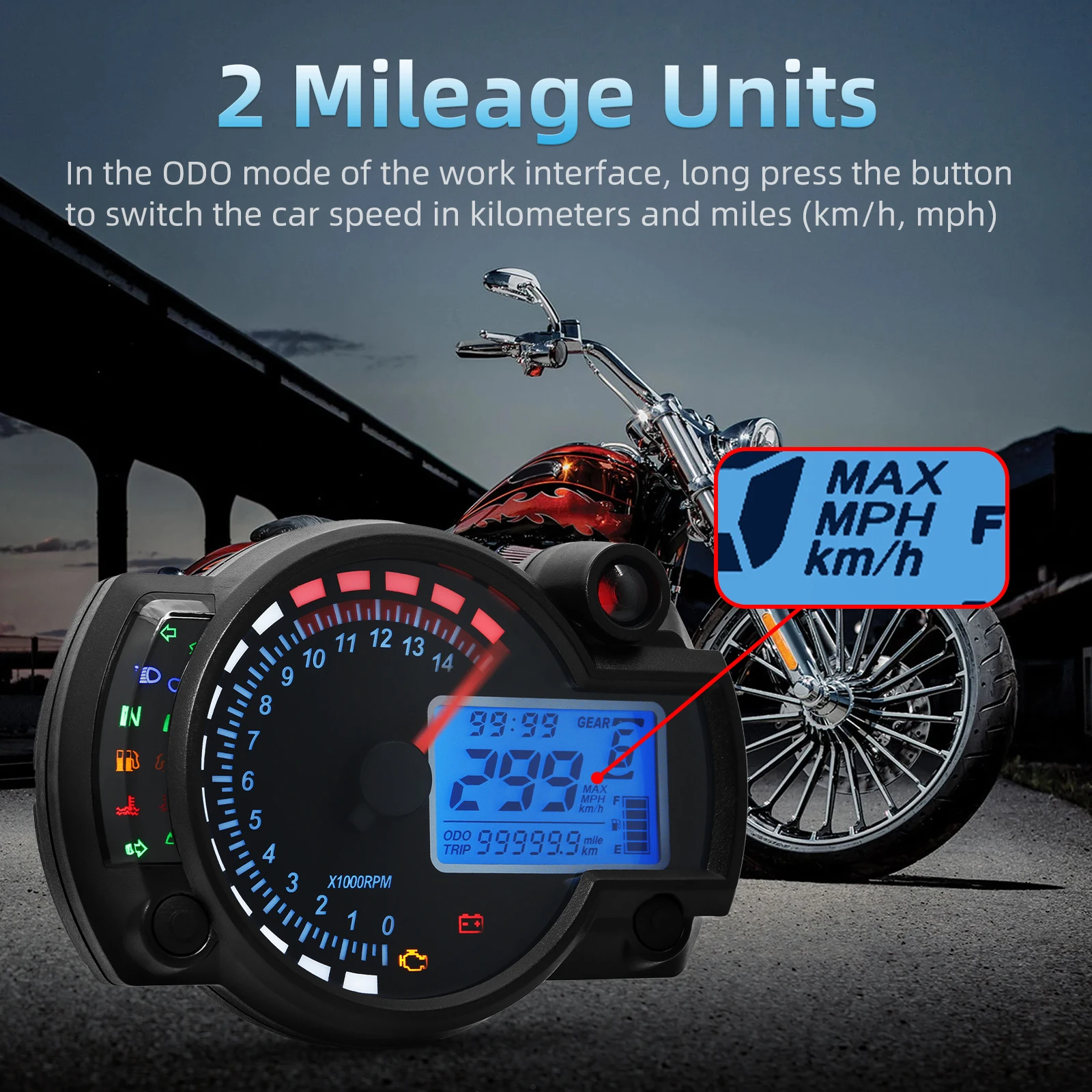 7colors Backlight Motorcycle Gauge Universal LCD Digital Speedometer Odometer MAX 299Km/h Moto Dashboard with Over Speed Alarm image 6