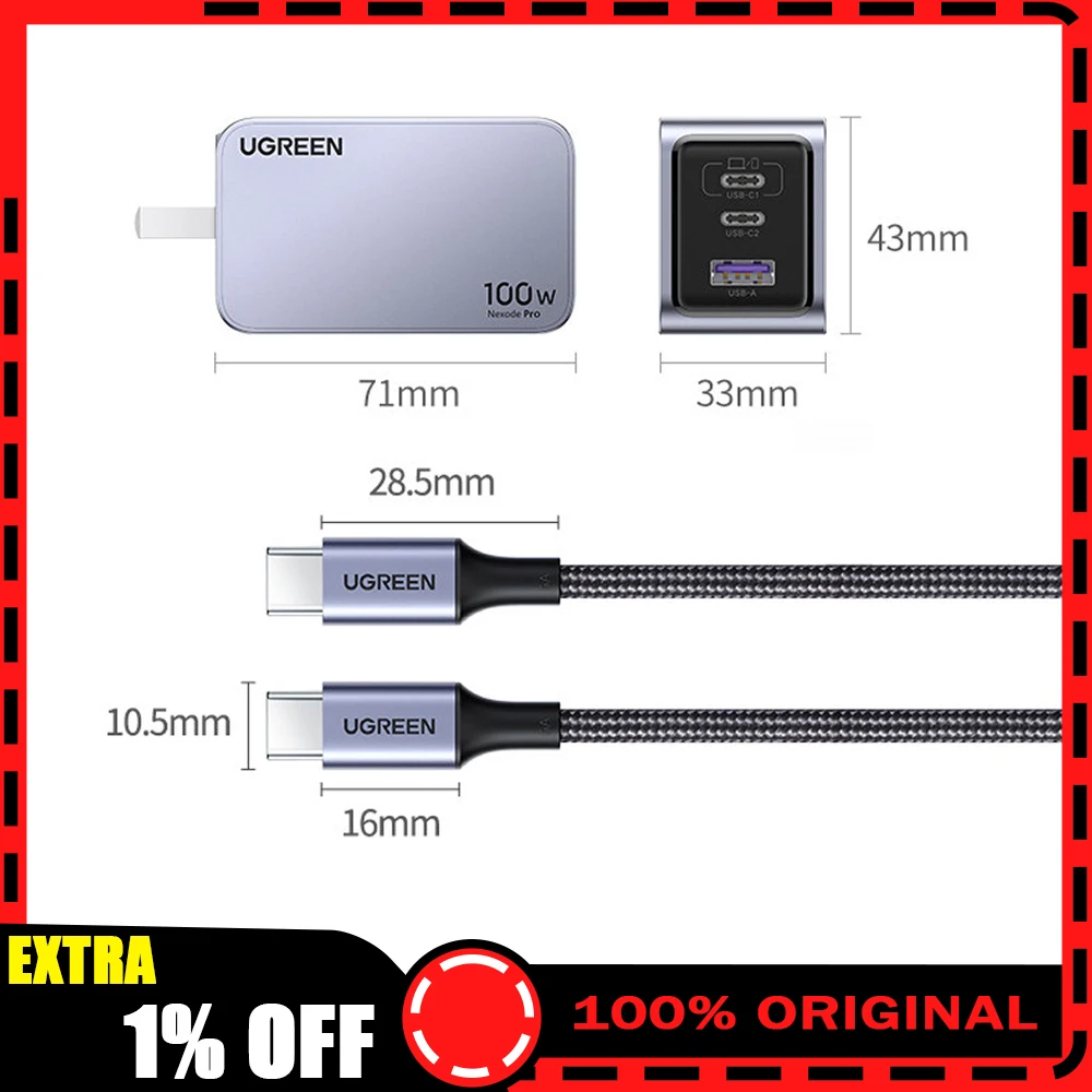 

UGREEN 100 Вт GaN Зарядное устройство USB C Зарядное устройство QC4.0 3.0 Быстрая зарядка для ноутбука Macbook Tablet PD Быстрое зарядное устройство для iPhone 17 16 15 Pro