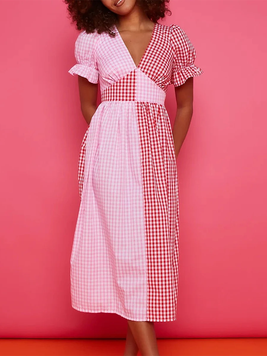 

Women Y2k Plaid Shirt Dress Short Sleeve Contrast Color V-Neck Gingham Dress Summer Casual A-Line Swing Midi Dresses