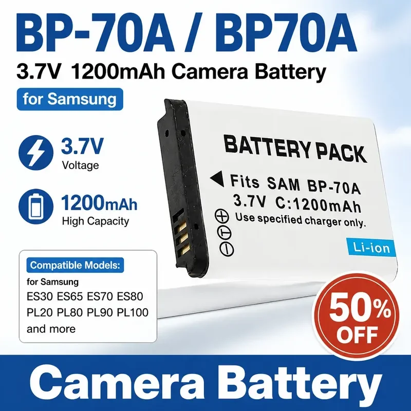 

BP-70A/BP70A Camera Battery 3.7V 1200mAh for Samsung ES30 ES65 ES67 ES70 ES71 ES73 ES74 ES75 ES80 PL20 PL80 PL81 PL90 PL100