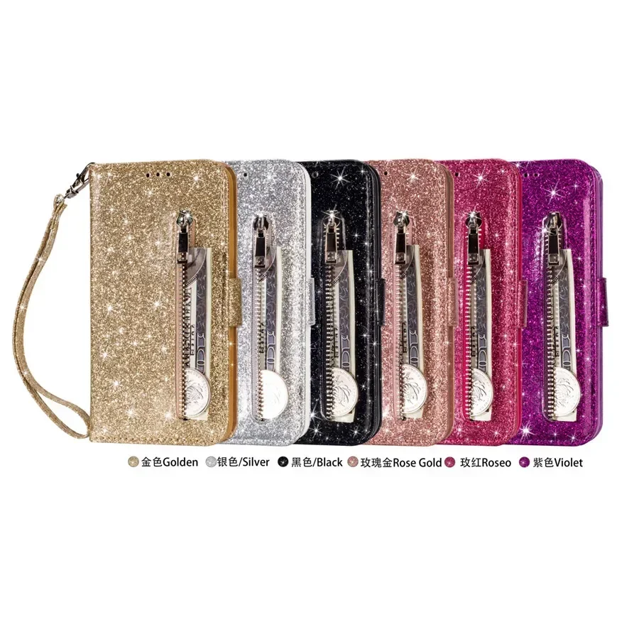 Wallet Bling Glitter Magnetic Flip Zipper Leather Case For Samsung Galaxy S24 Ultra S23 S22 Plus S21 S20 FE S10 S9 Note 20 10 9