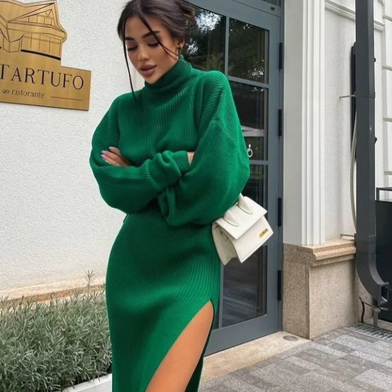 2022 Winter Knit Women\'s Turtleneck Sweater Midi Skirt Set Long Sleeve Pullovers Side Split Skirts Set Ladies Sexy Two Piece Set