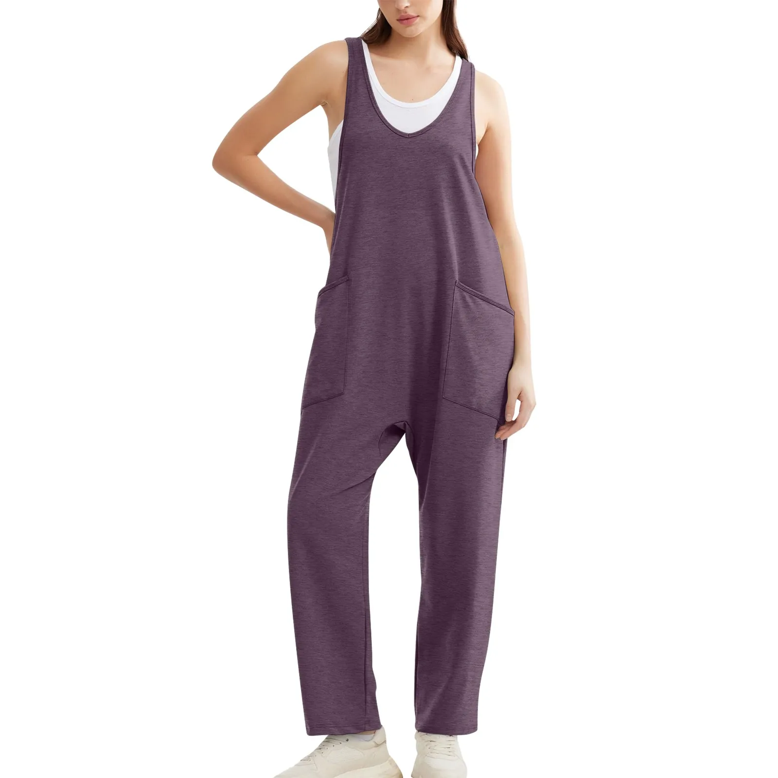 New Fashion Women Rompers Summer Casual Solid Colour Loose Jumpsuits With Pockets U Neck Sleeveless Soft Tank Jumpsuits