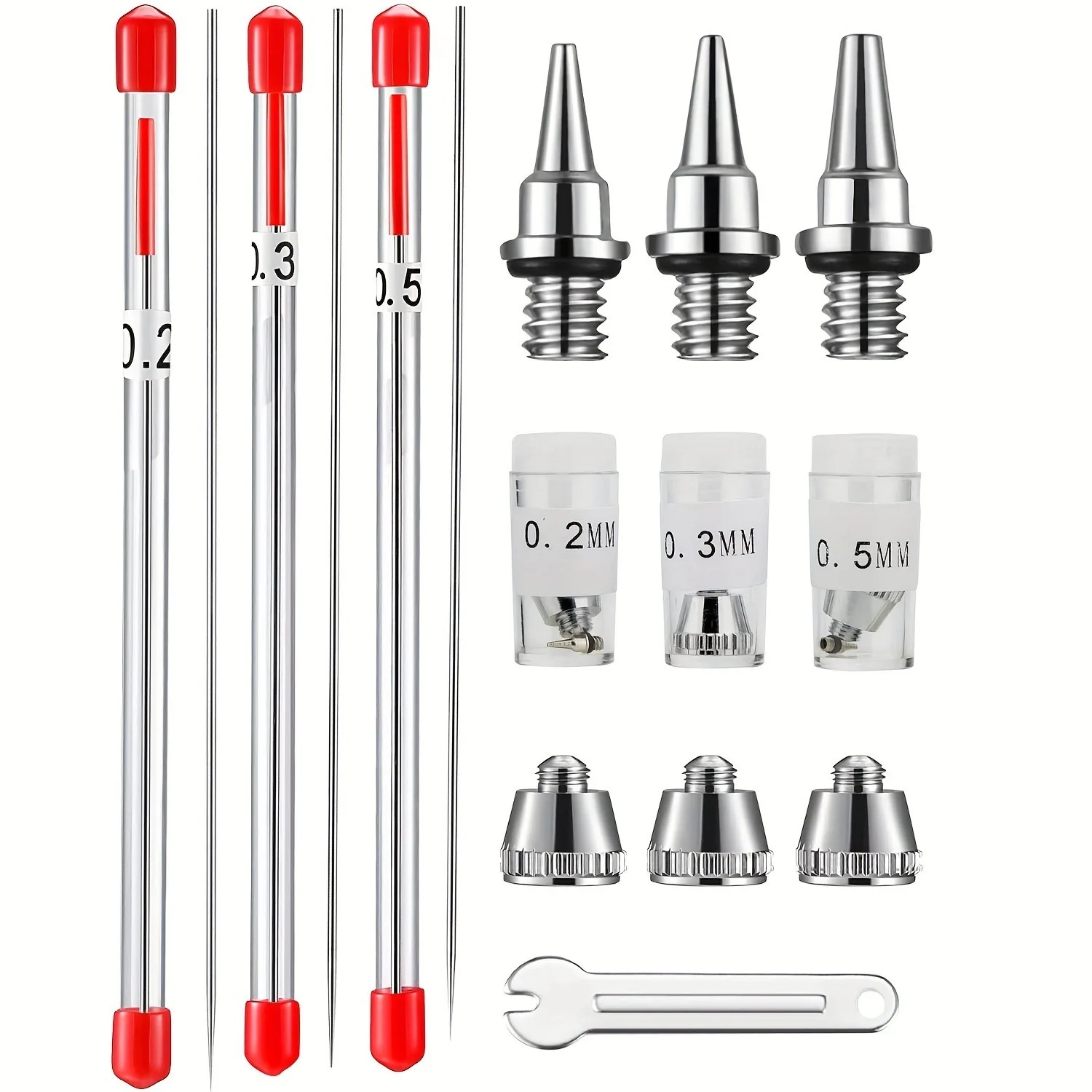 

10Pcs Airbrush Nozzle Needle Cap Set with Wrench, Spray Gun Accessories Replacement Parts, 0.2mm, 0.3mm, 0.5mm