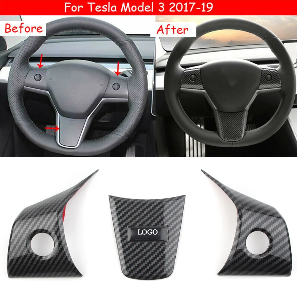 Car Sticker Steering Wheel Interior Moulding Stying Sequins Cover Trims w/ Logo For Tesla Model 3 2017 2018 2019