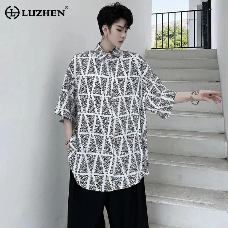 

LUZHEN Sleeve Men's Stylish Personality Plaid Printed T-shirts Short 2025 Summer Fashion Street High Loose Original Tops JY2542