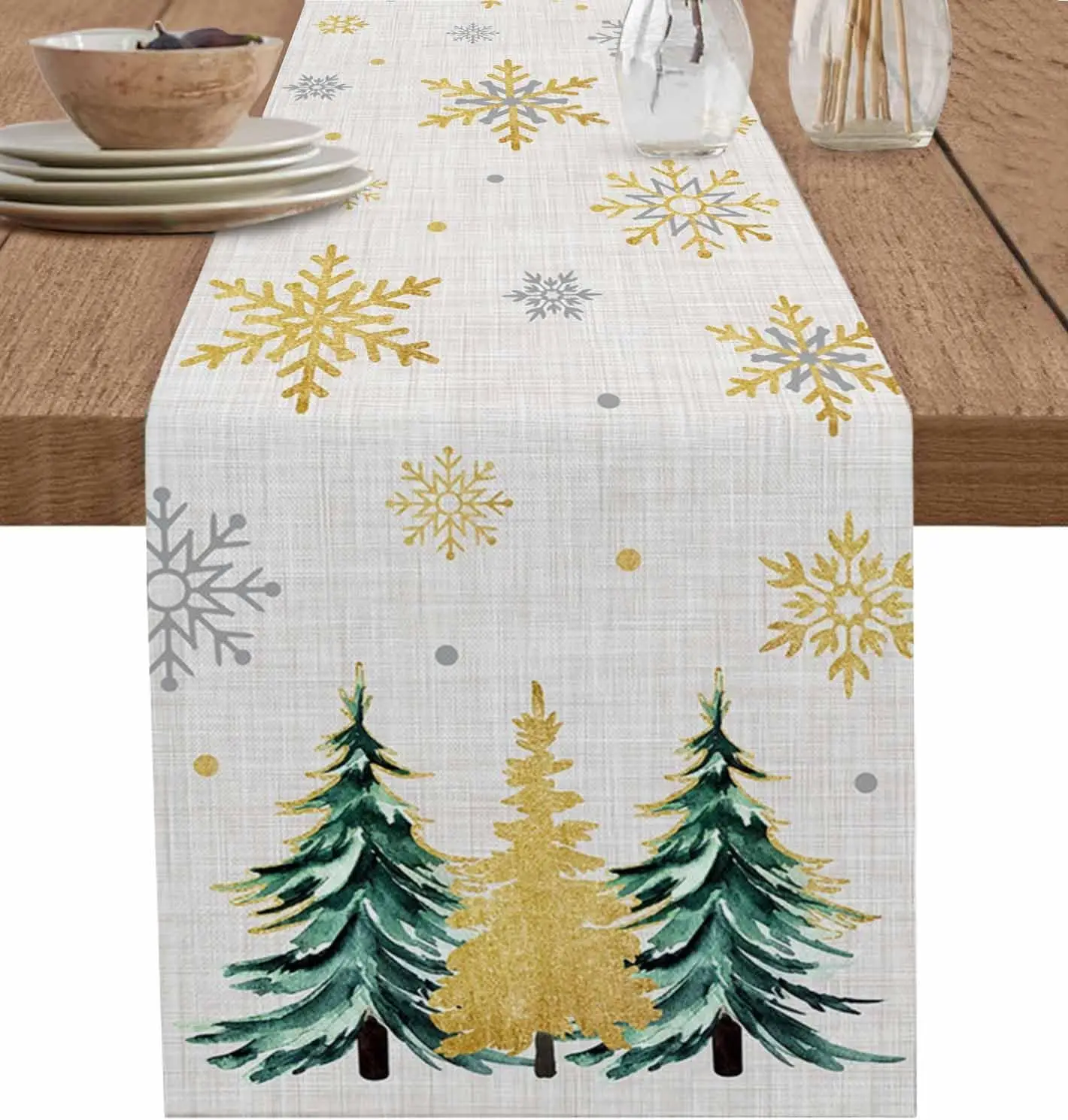 

Glod Xmas Tree Snowflakes Linen Table Runners Dresser Scarf Decor Washable Kitchen Dining Table Runners Christmas Decorations