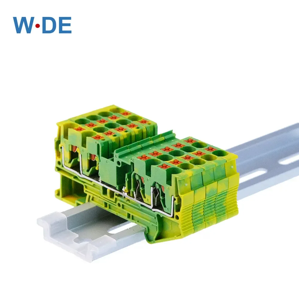 Din Rail Ground Terminal Blocks 10Pcs PT4-QUATTRO-PE Spring Feed Through Connection Ground Terminal Block Wire Conductor