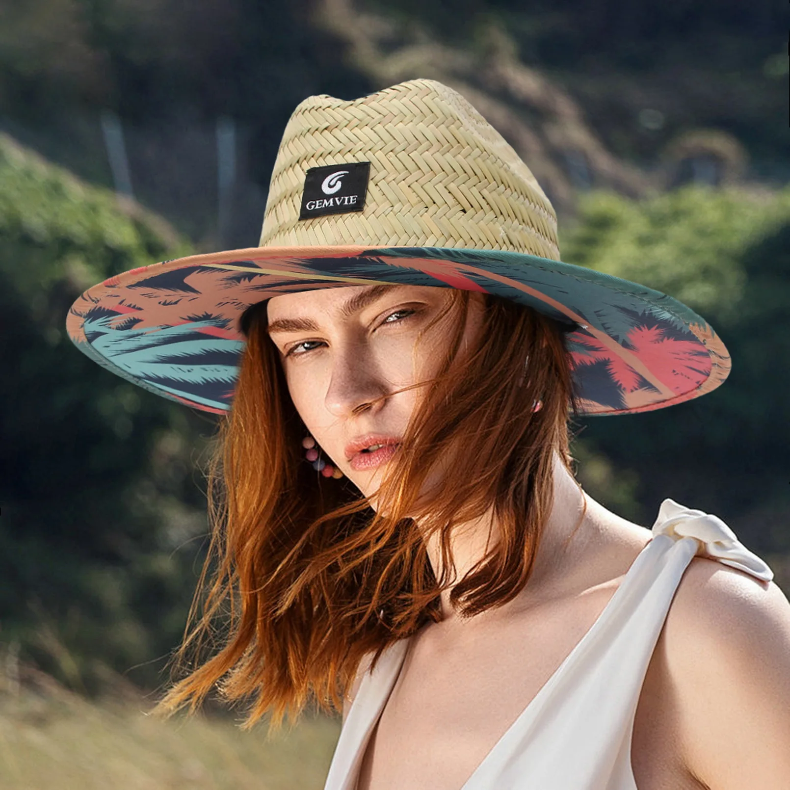 Beach Sun Hat with Patch Print, Wide Brim Straw Sun Protection Cap, Summer Classic Beach Straw Hat Cross Border