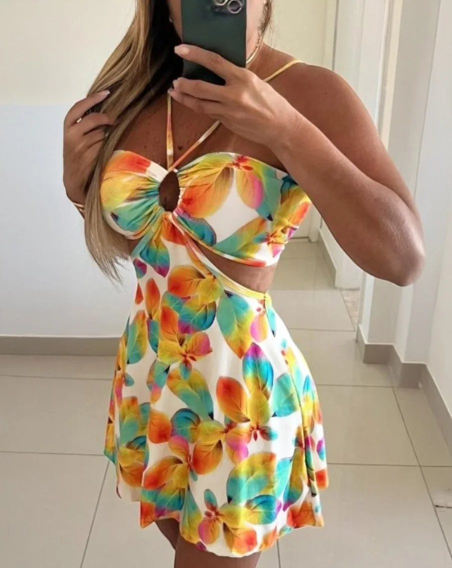 Sexy strandvakantiejurk voor dames mode halternek holle hoge taille a-lijn mini-jurk 2025, zomerjurken met boho-print