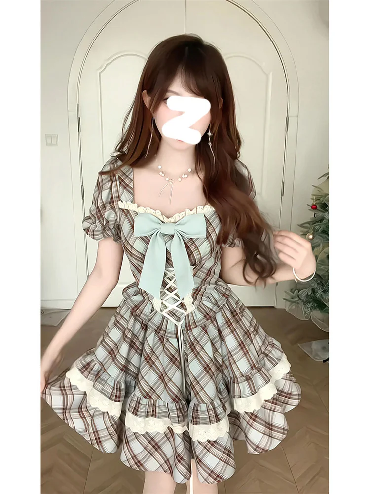 Minivestido francés Retro Y2K con cuello cuadrado a cuadros y lazo para mujer, vestido ajustado de verano estilo princesa Jk Swing