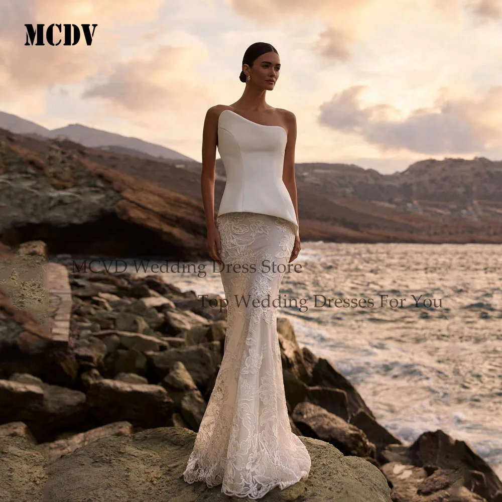

MCDV Gorgeous Wedding Dresses 2025 Satin Bridal Gowns Lace Appliques Strapless Sleevelss Mermaid Vestidos De Novia Customized