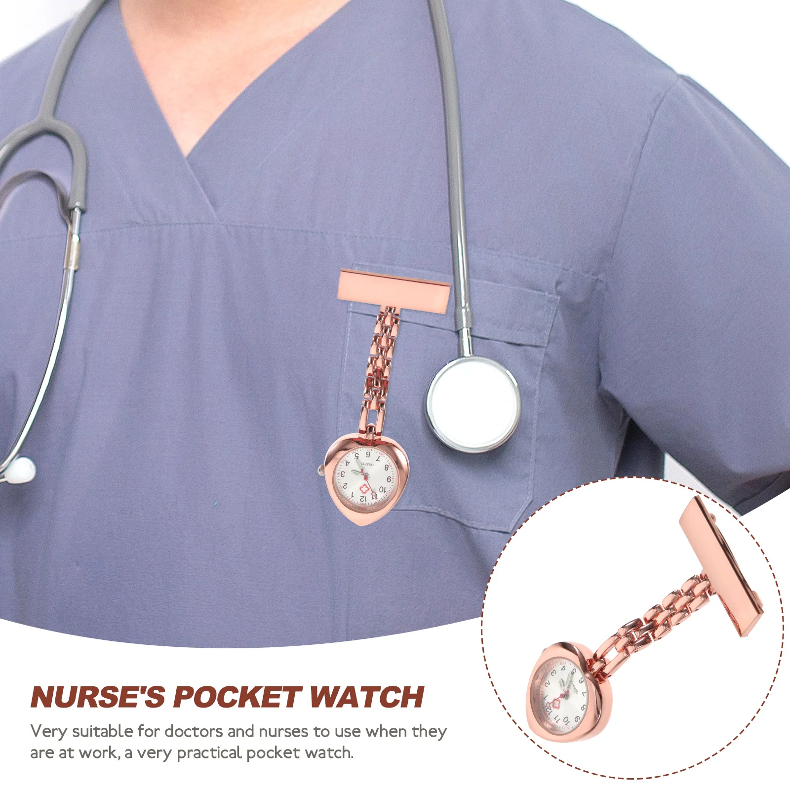 

1pc Heart-Shaped Durable Quartz Medical Nurse Alloy Heart-Shape Chest Chest Watch Watch Clip-On Design Large Dial