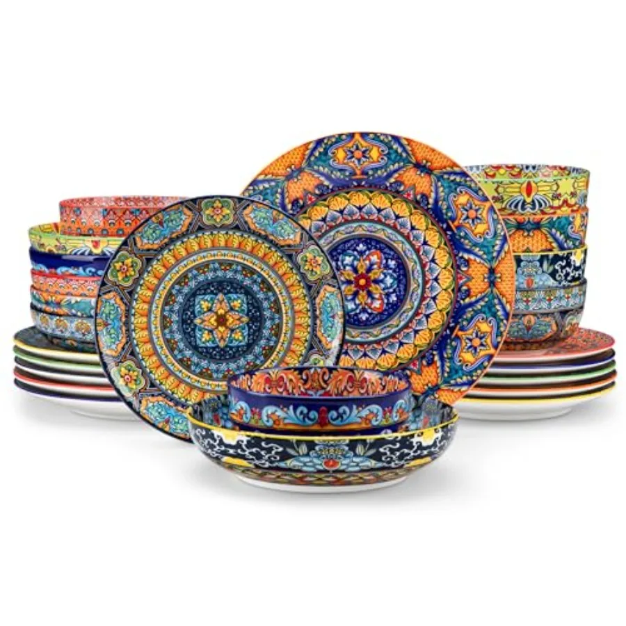 24-Piece Dinnerware Sets, Plates Bowls Sets Service for 6, Bohemian Porcelain Dishes Set for 6, Kitchen Dinner Set, Microwave D