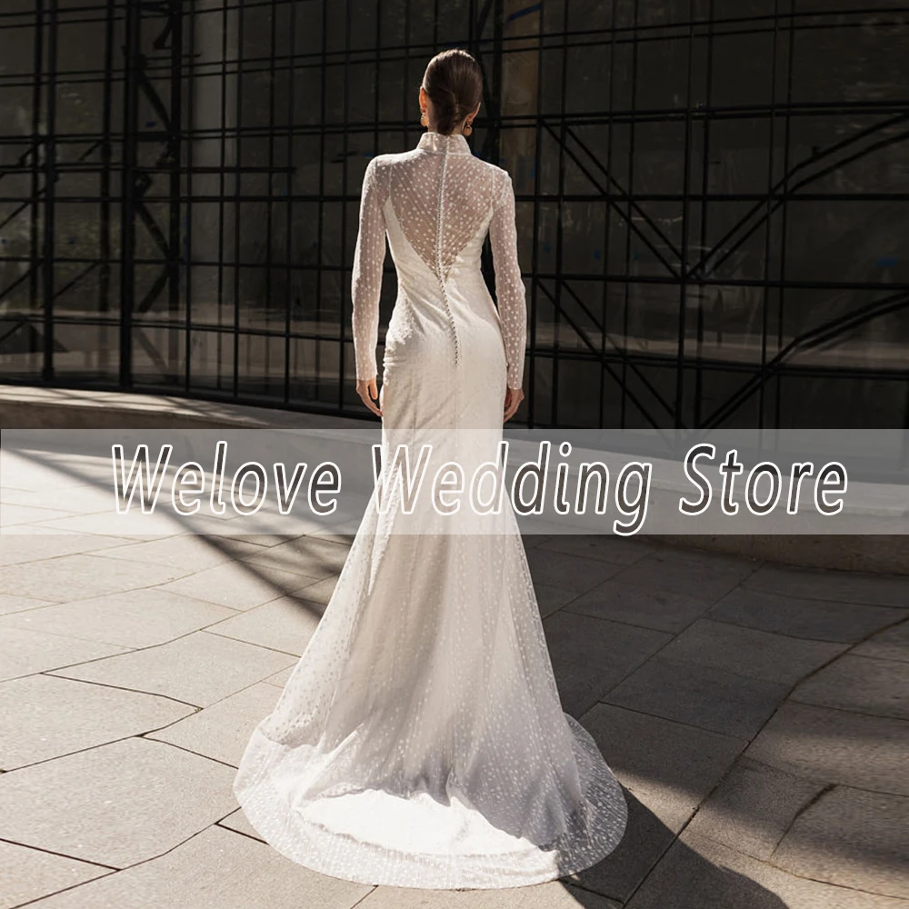 Romantic Mermaid Wedding Dress Long Sleeve High Neck Vintage Bridal Gown For Bride Floor Length Button Custom Robe De Mariage