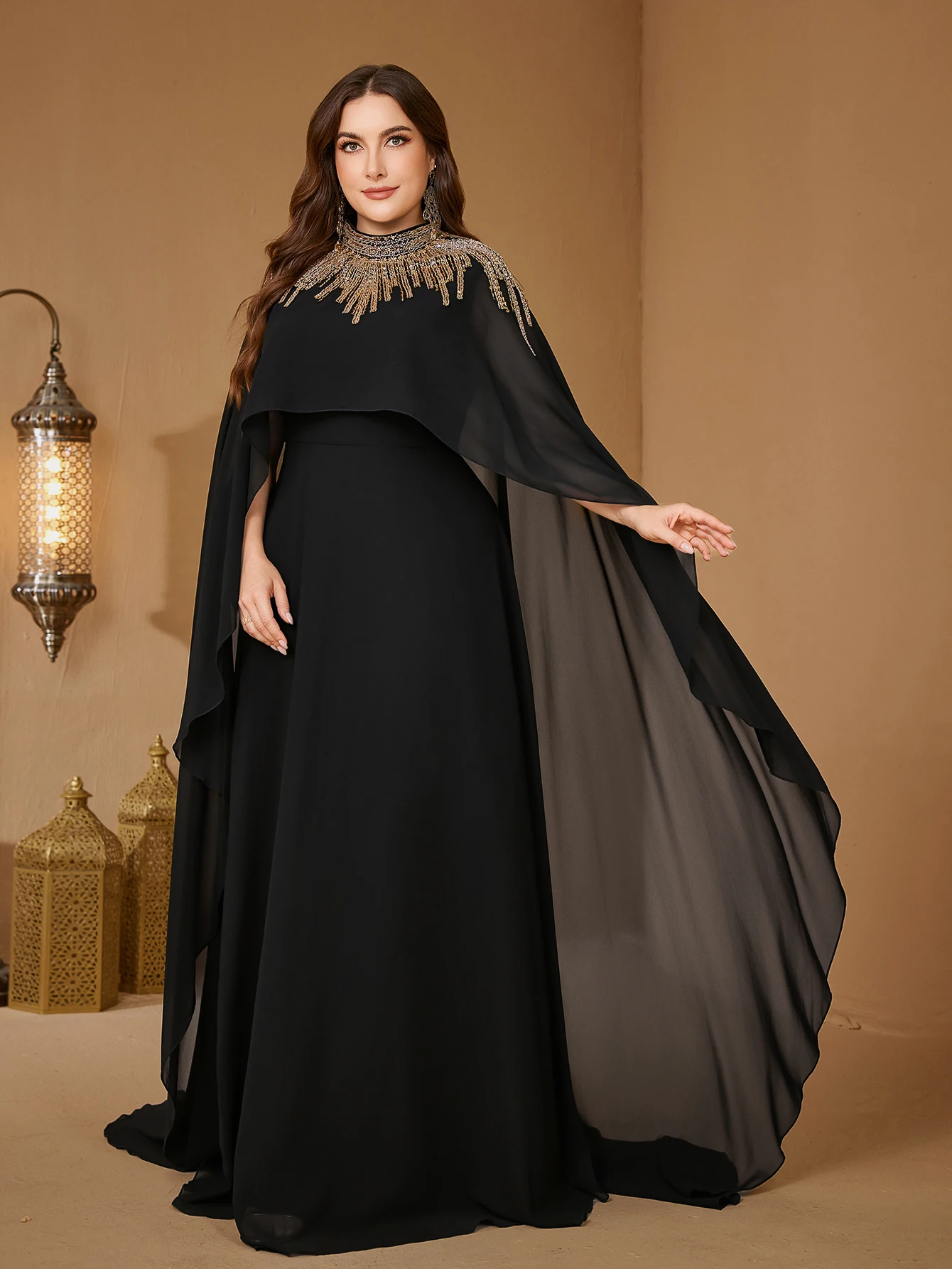 UNITHORSE Plus Women's Stand Collar Cape Sleeve Sequin Patchwork Slim-Fitting Chiffon Evening Dress