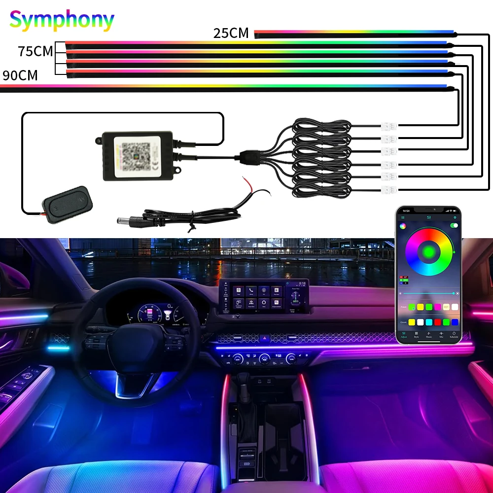 

6/10/18 в 1, неоновый свет Symphony RGB, автомобильное окружающее освещение, интерьерная акриловая светодиодная лента, декоративная атмосферная лампа с управлением через приложение