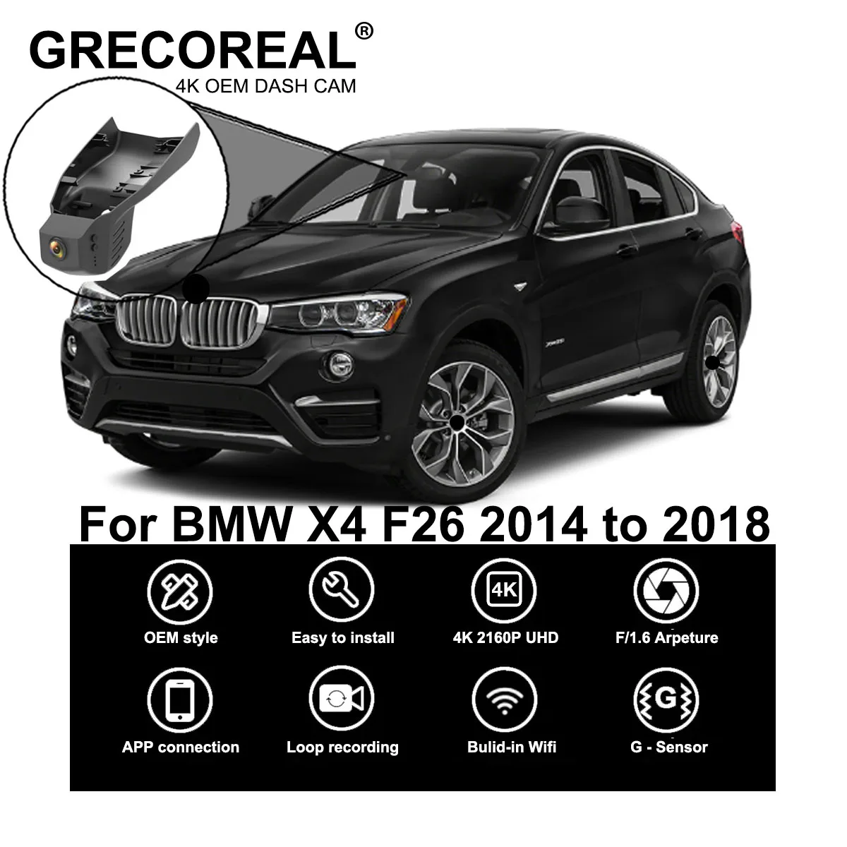 

GRECOREAL 4K Dash Cam Front and Rear 2160P WiFi Car Dual Dashcam APP Control Easy Install Plug Play Compatible with BMW X4 F26