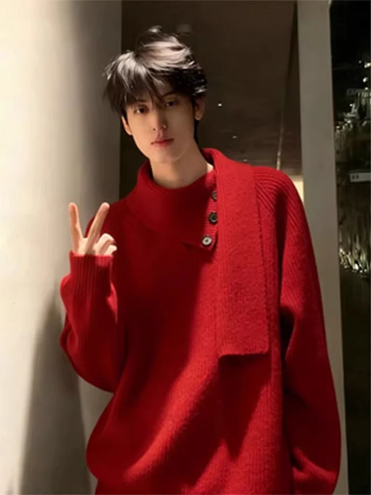 

Red f-High Collar Sweater Men's Casual Cisas Knitted irt Ne Warmer Thiened Winter Faion Regular Fit Soft Material