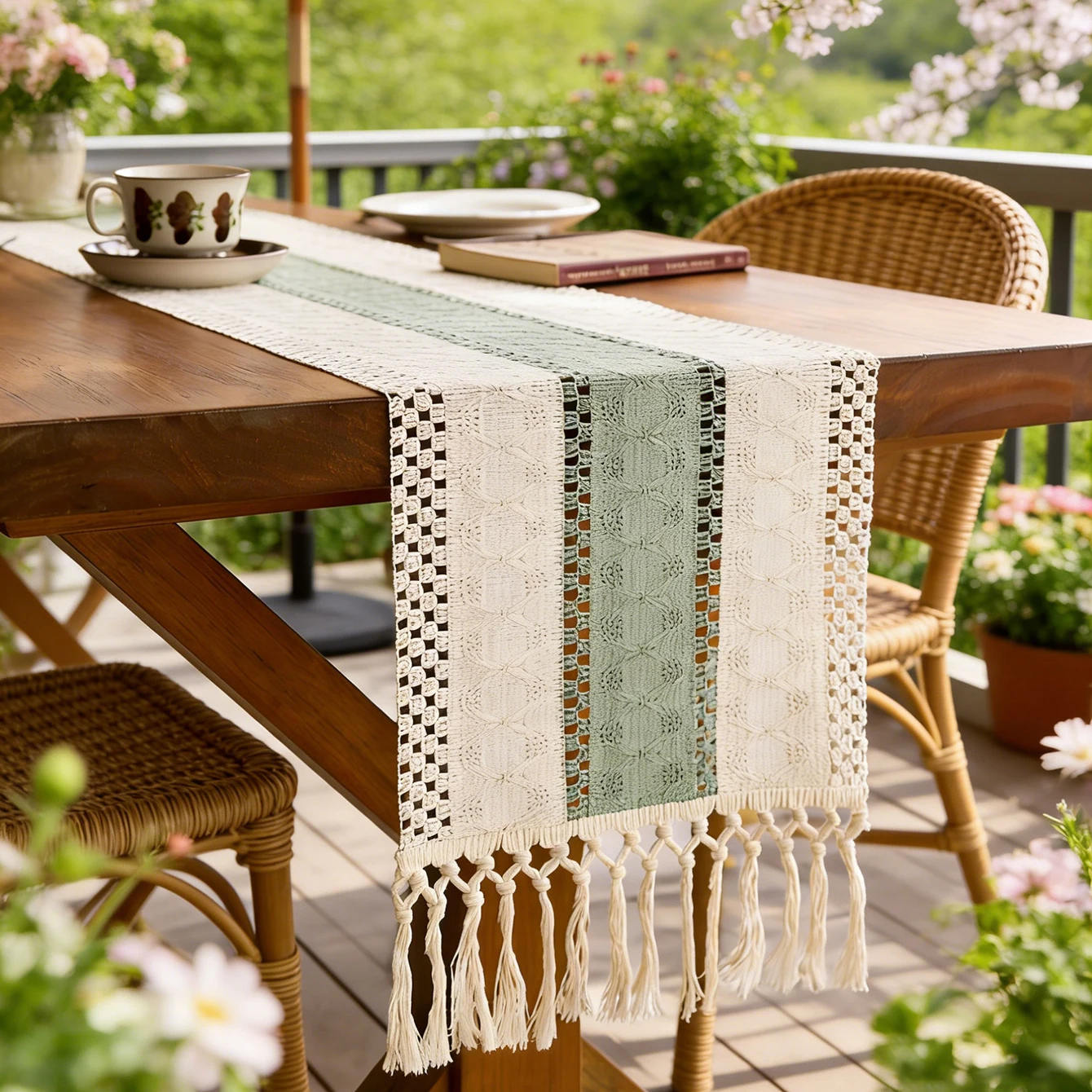 Pastel Green & White Crochet Table Runner with Tassels - Spring Patio Dining Decor for Outdoor & Indoor Spaces