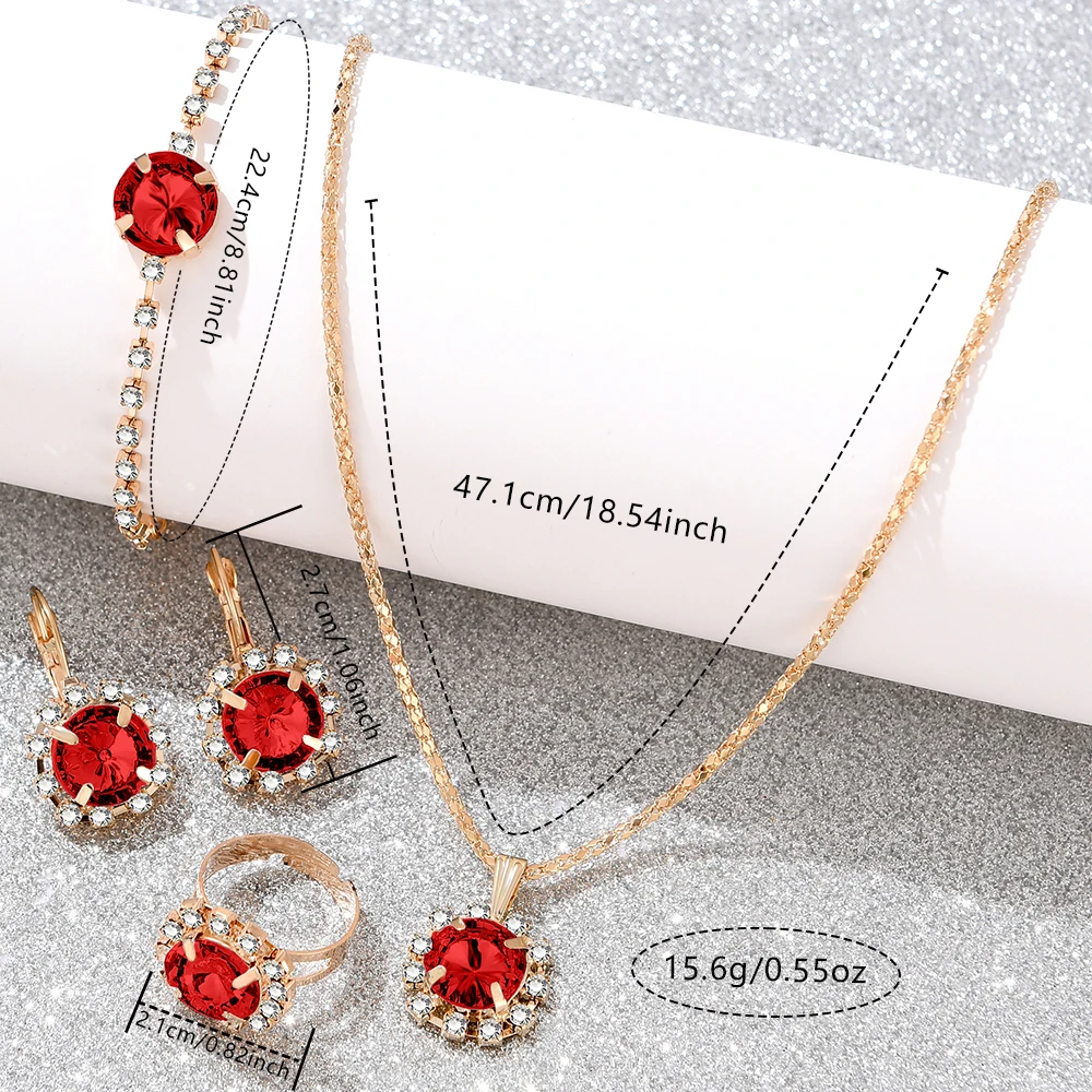 6PCS/Set Women Red Watch Fashionable Luxury Red Dial Quartz Wristwatch Alloy Strap Watch Red Gemstone Jewelry Set Gift For Mom