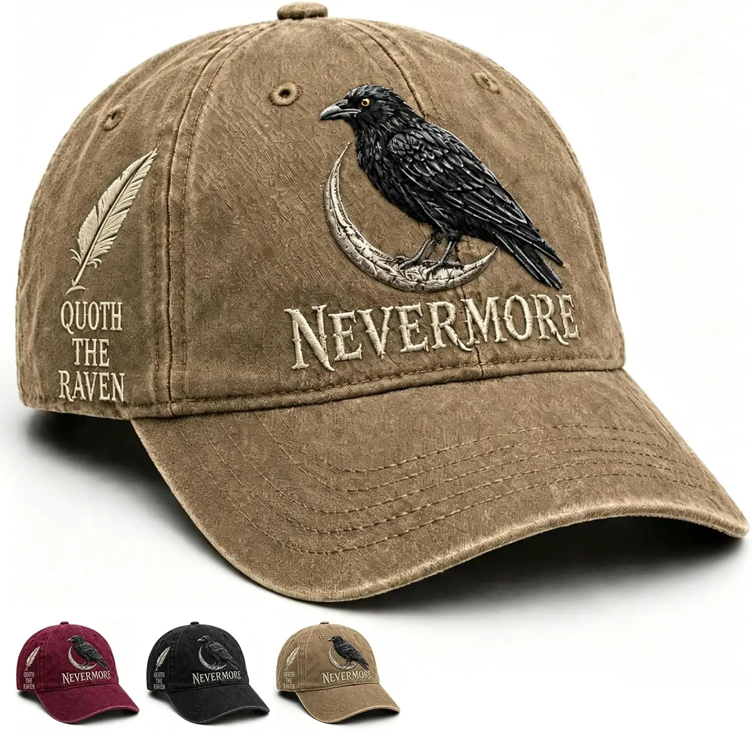 Nevermore Raven Vintage Cap Gothic Bird Lover Hat, Gothic Raven Baseball Cap with Crescent Moon, Unisex Adjustable Hat