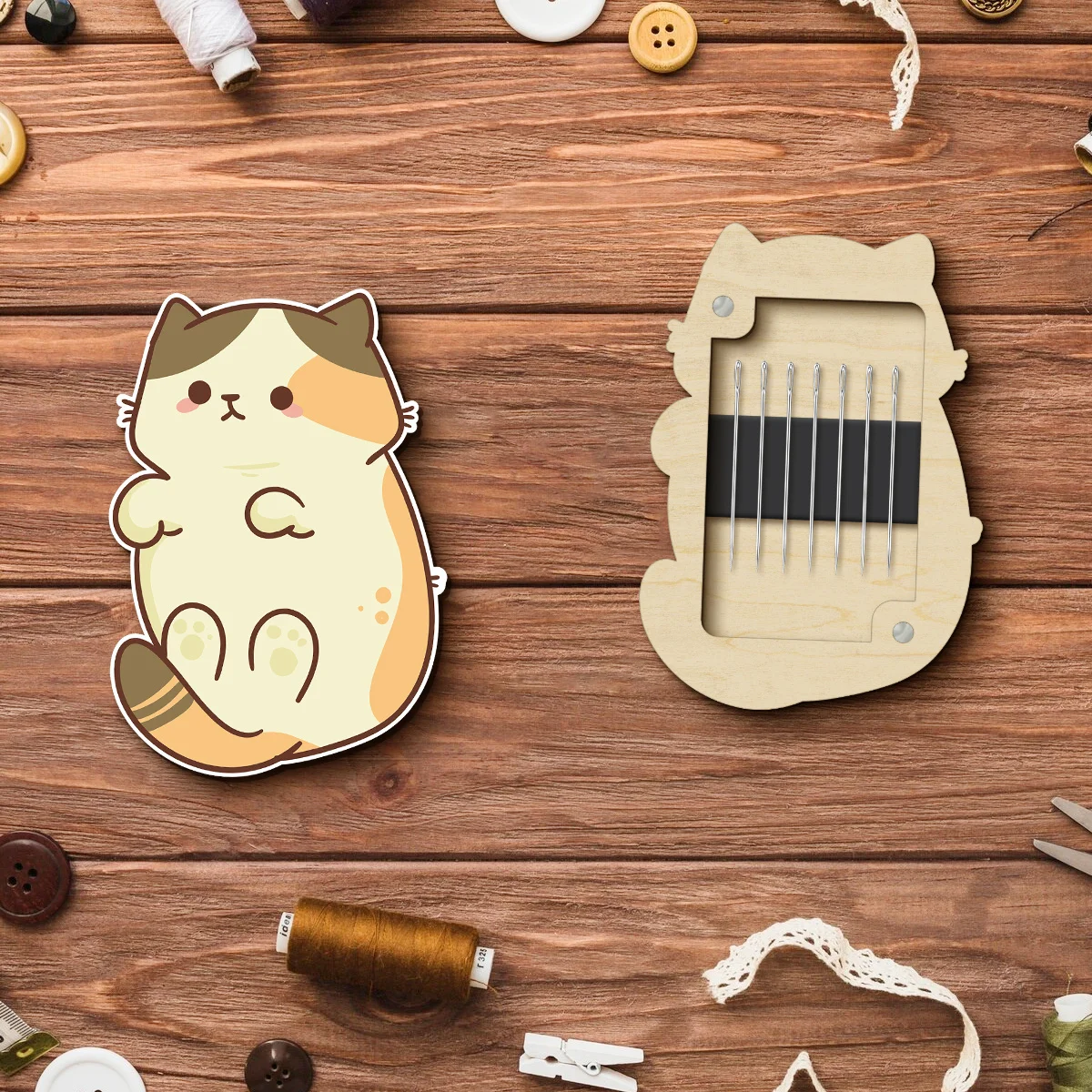 Cute Cat Magnetic Needle Box, Wooden Sewing Supply Storage, Durable Desk Organizer, Perfect Magnetic Closure
