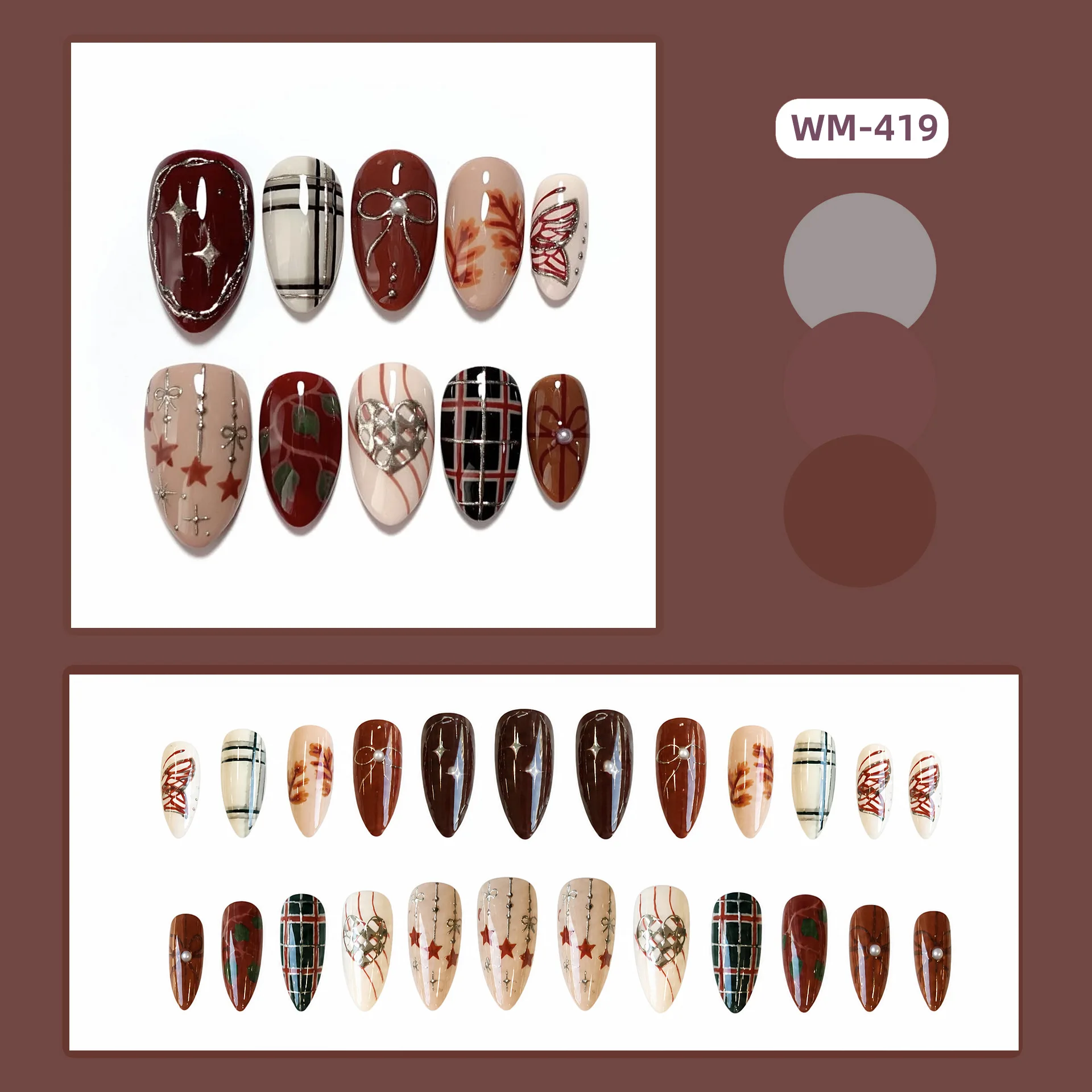 24pcs Almond Shape False Nails Love And Butterfly Pattern Fake Nail Patches Summer Fashion Dark Red Press on Nail Tips