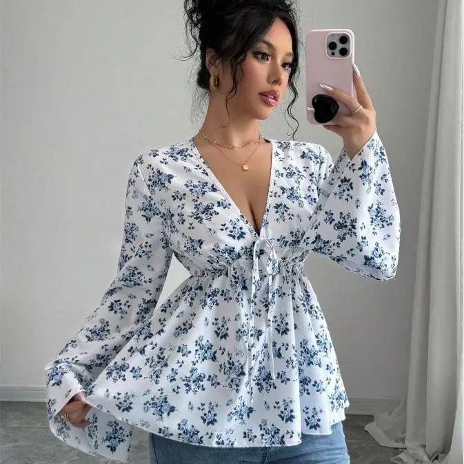 

Sweet Floral Print High Waist irt Women's Top Autumn Winter Faion Cross-Border Fre Sle Bell Sve Long Sve PU irt