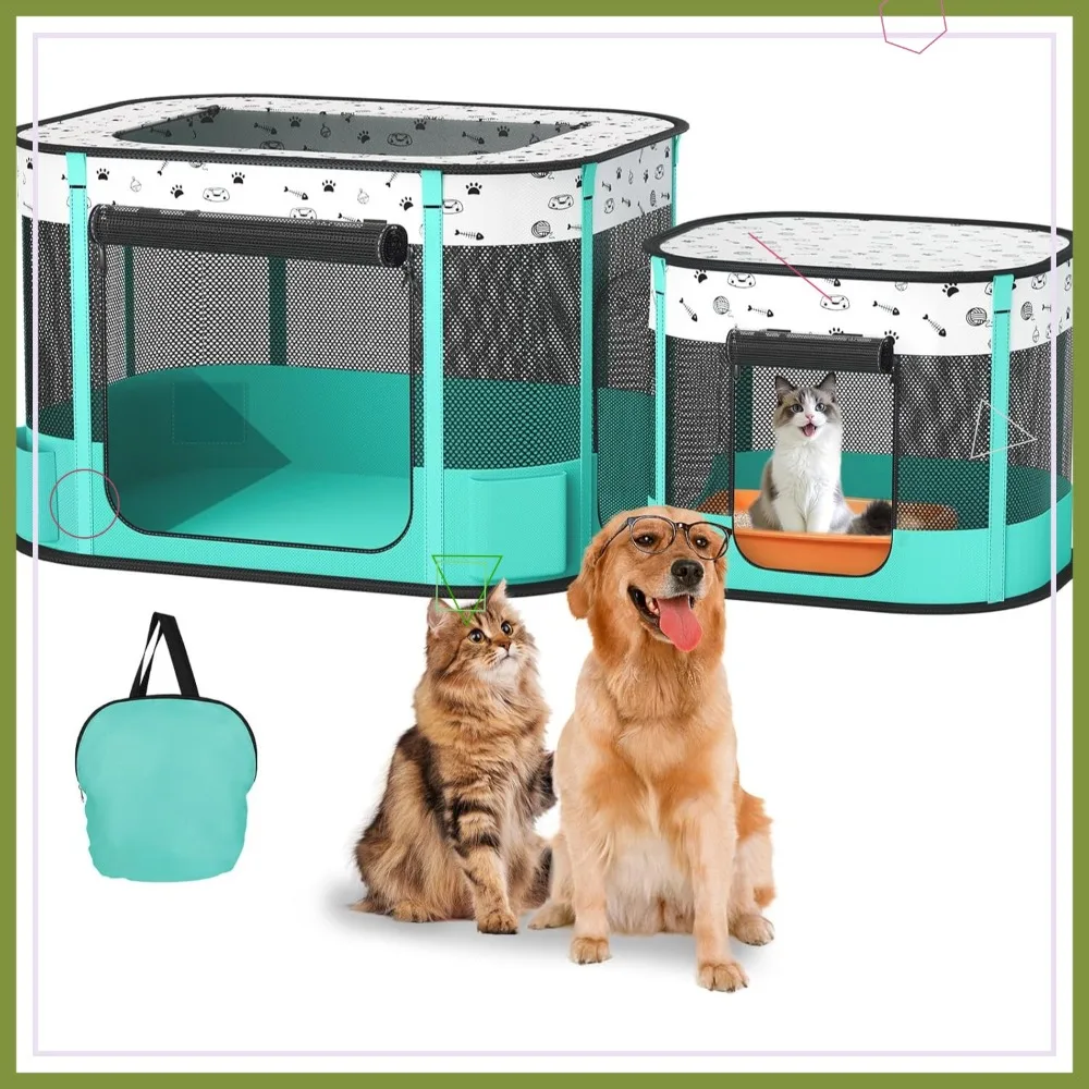 

Портативный складной манеж для кошек и собак для использования в помещении и на улице с сумкой для переноски, Оксфорд 600D, 8-секционный каркас, 32x24x22 дюйма