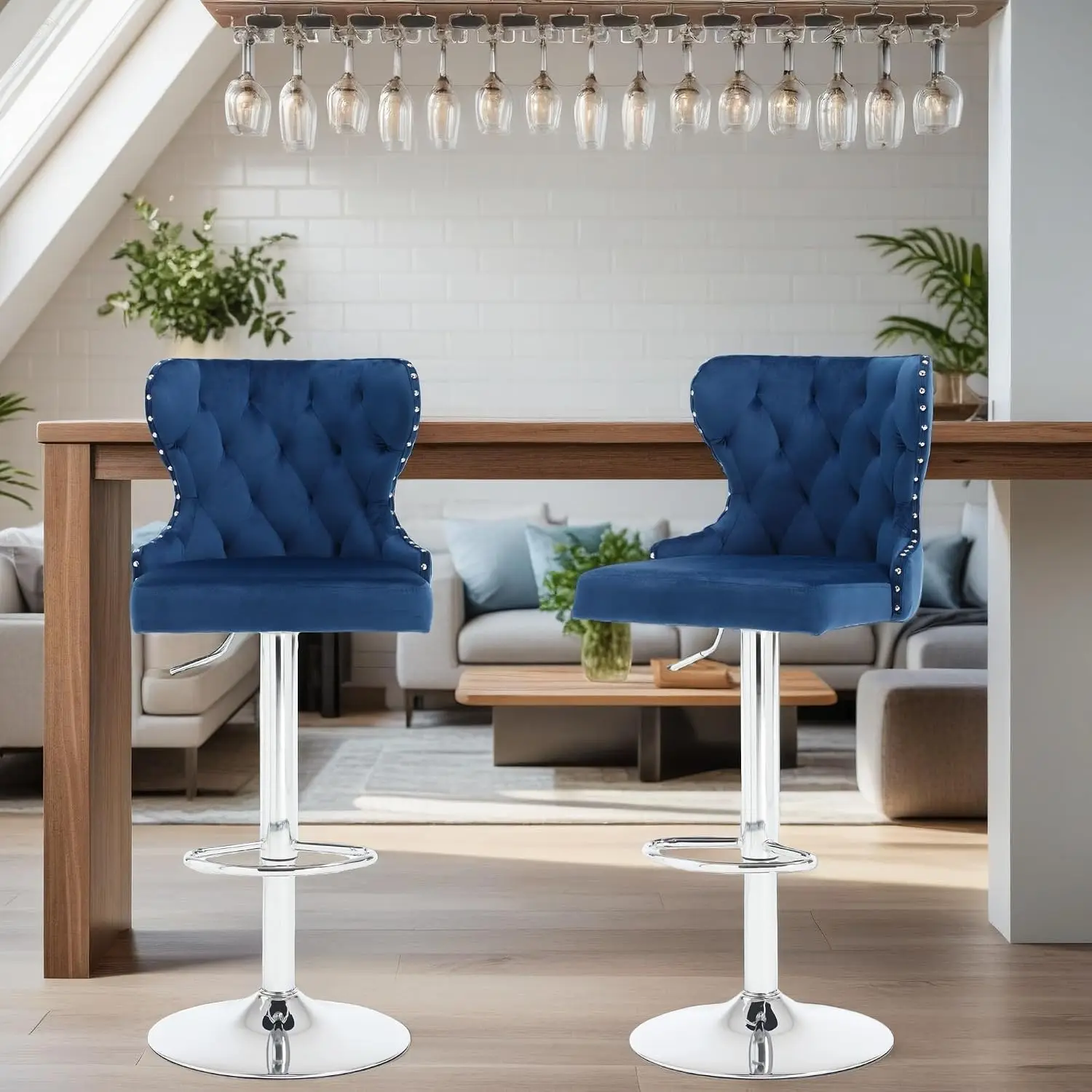 2 Adjustable Swivel Bar Stools Velvet Counter Height Chair Nailhead Trim Silver High Back Kitchen Island Bar Cafe, Customized