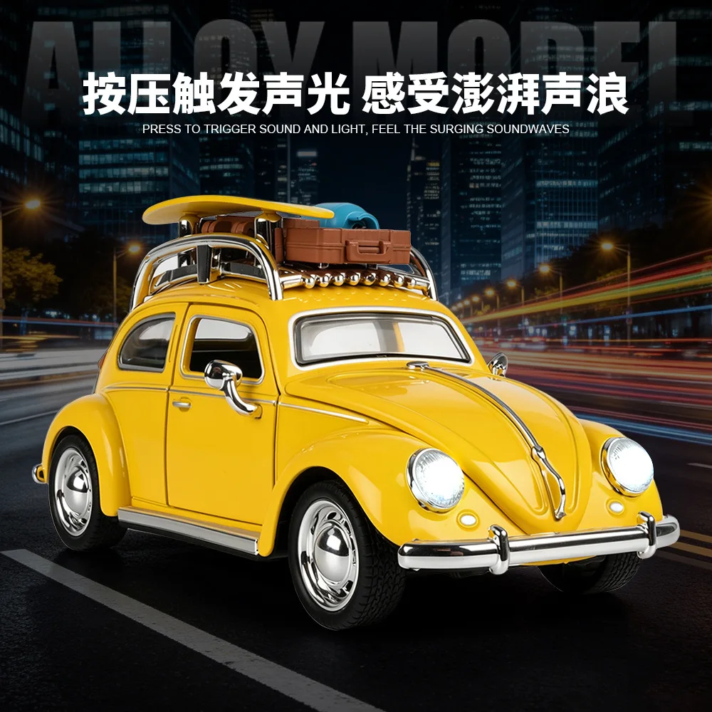 1:32 Beetle Vintage Car Model Toy Alloy Diecast Doors Opened Pull Back Simulation Interior Rubber Tires Ornament Vehicle