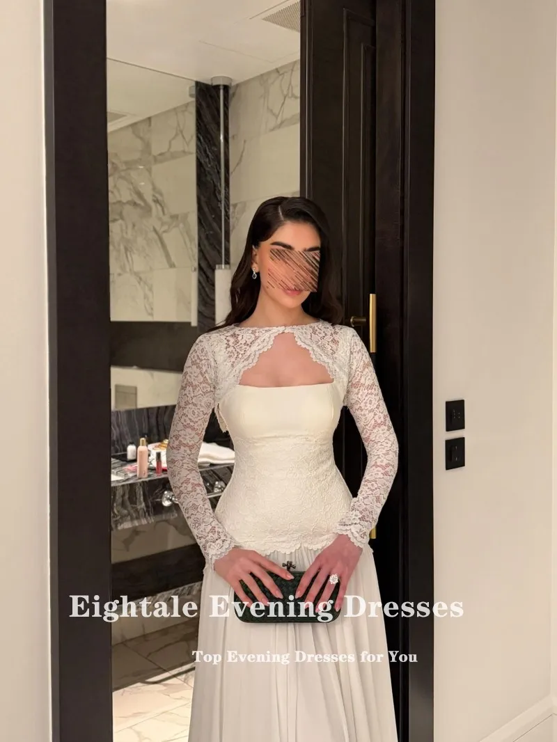 Eightale Arabic Wedding Dress with Detachable Jacket Customized Ivory Lace Muslim Long Sleeves Bridal Gown Bride Party Dress