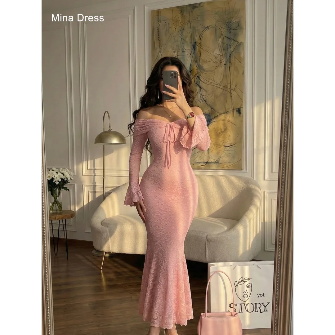 

Mina Customized Pink Lace Off-shoulder Puff Sleeves With Fishtail Pleats Women's Formal Evening Gowns Prom Dresses 2026 Rochi