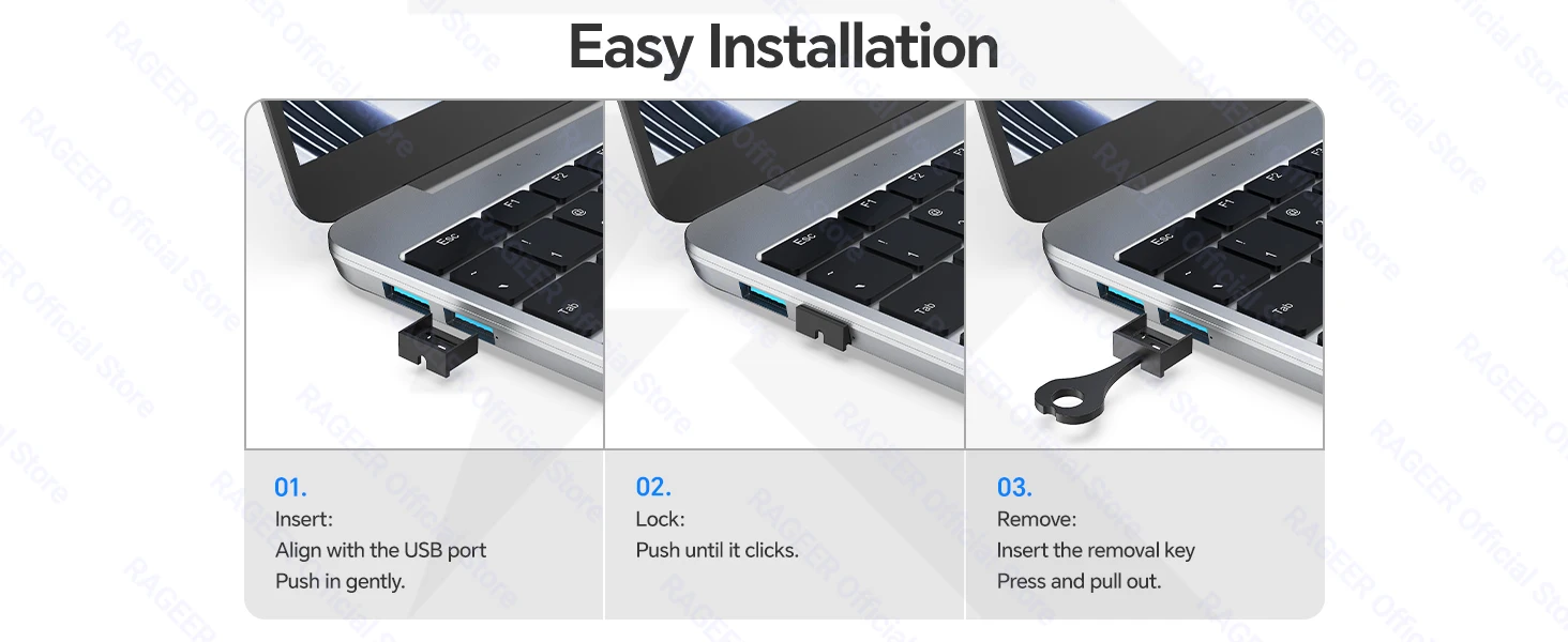 RAGEER USB-Einschubverschluss mit Schlüssel, staubdichter USB-Steckeranschluss, physikalische Schutzvorrichtung gegen Datenverlust für Laptop, Server, Auto, Desktop-Switch usw. – Detail 6