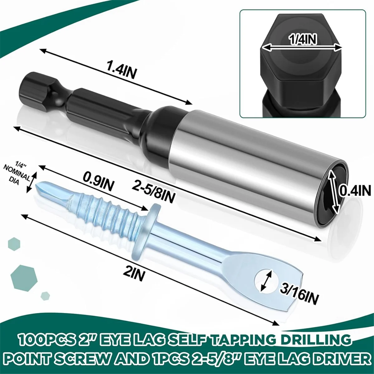 

ABNJ 100Pcs 2Inch Eye Lag Self Tapping Drilling Point Screw Zinc and 1pcs 2-5/8Inch Driver, Sturdy Eye Lag Self Drill Screw