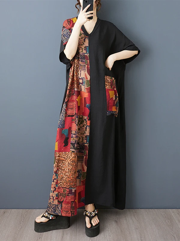 

Новое летнее платье больших размеров из тонкого хлопка и льна с V-образным вырезом, коротким рукавом, цветными блоками, эффектом похудения, А-образной юбкой, для повседневной носки