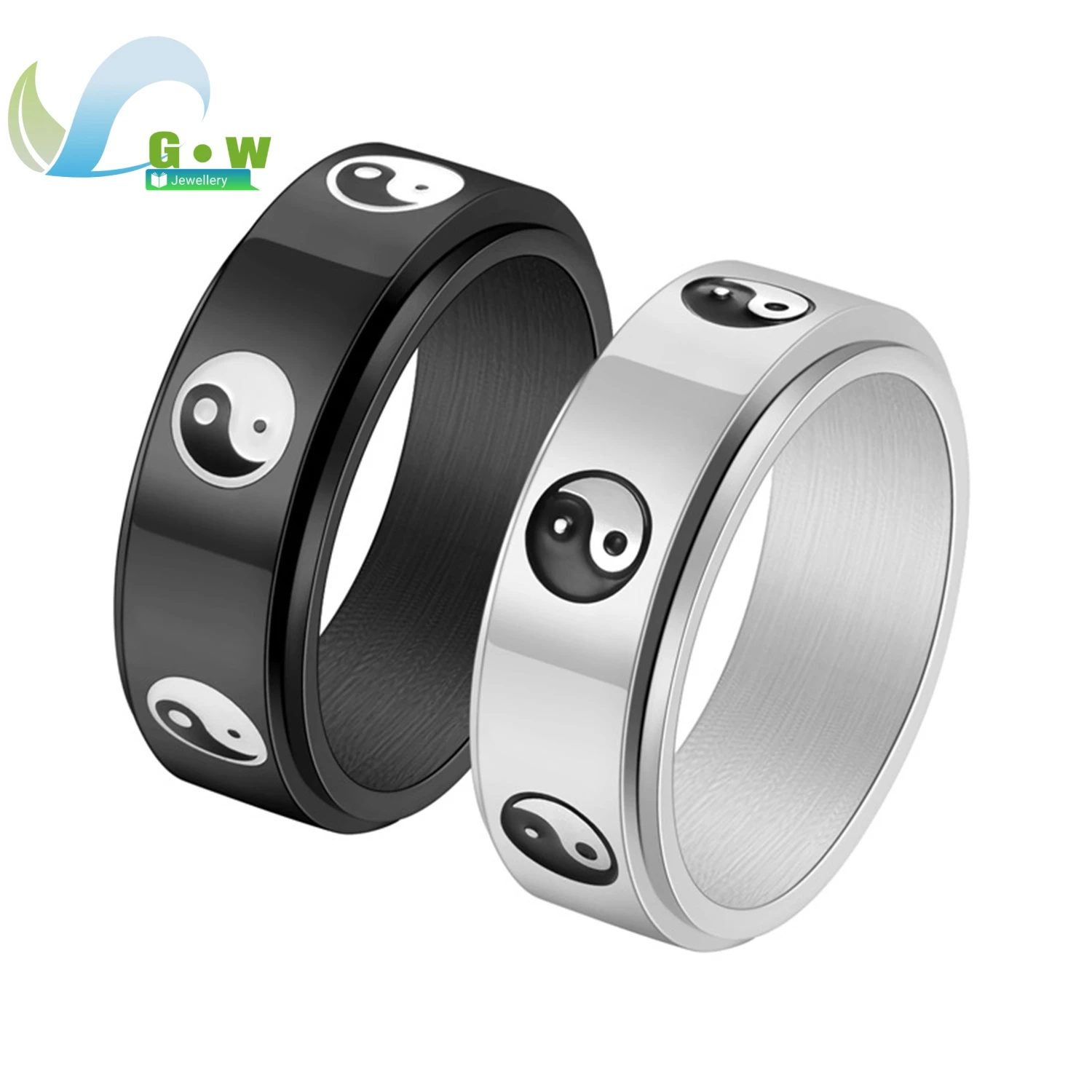 Черно-белое вращающееся кольцо Инь-Ян из нержавеющей стали с символом Тай-Цзи, регулируемое, для мужчин, для снятия стресса
