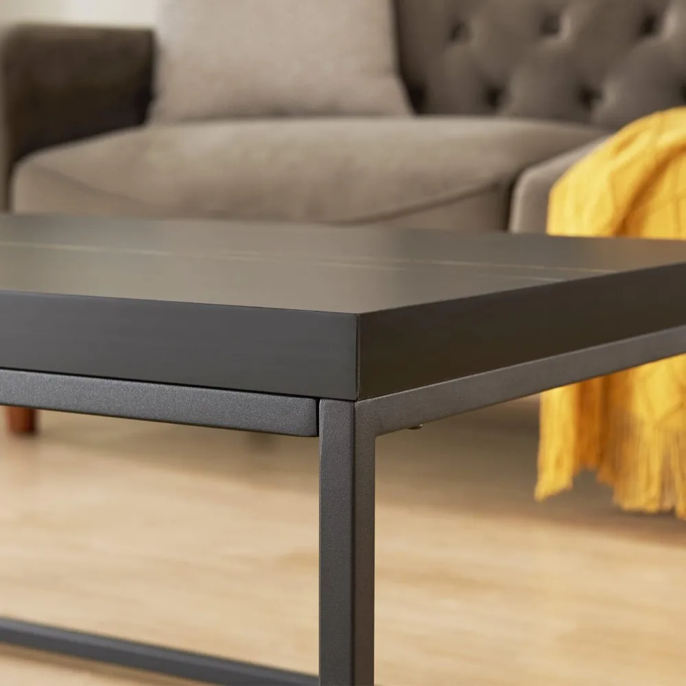 47 Modern Industrial Coffee Table - Black Marble Top with Wood and Metal Frame for Living Room