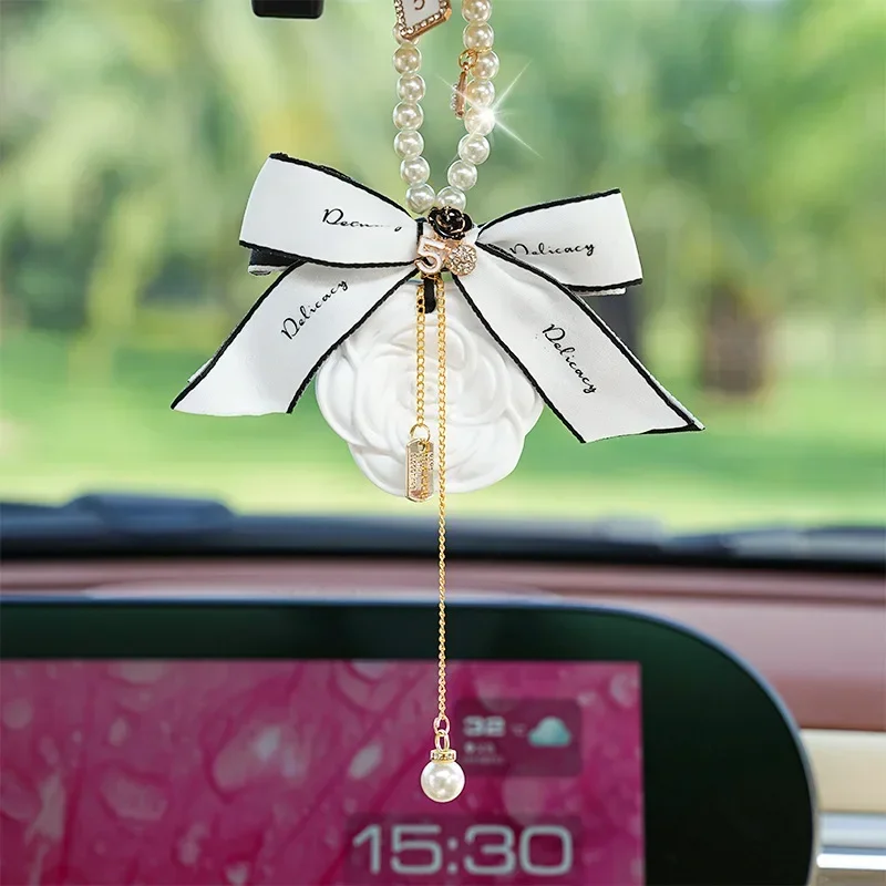 Pearl Camellia Flower Tassel Car Pendant Gypsum Aromatherapy Auto Rearview Mirror Hanging Ornaments Decoration Accessories Girls