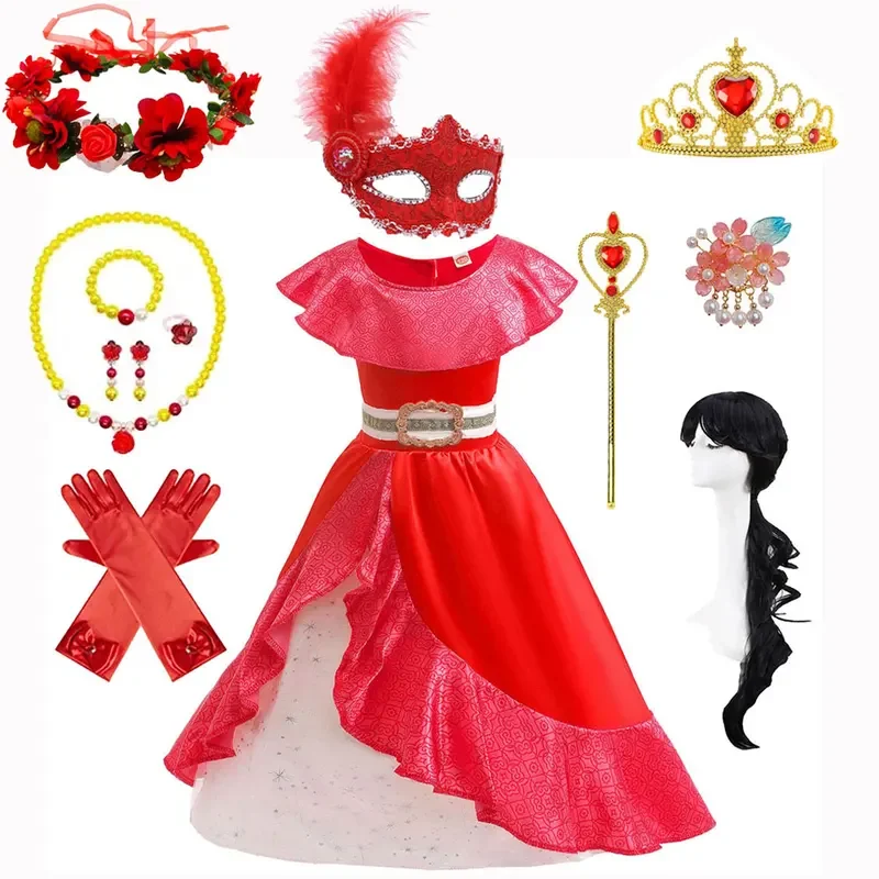 Elena Dress For Girls Princess Avalor Halloween Costume Anime Role Play Clothes Carnival Outfit Kid Red Ruffle Long Dress