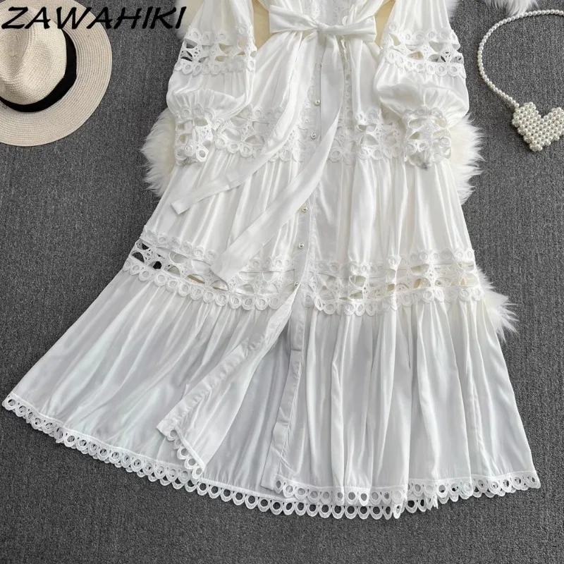 Hollow Out Lace Bow White Long Dress Lantern Sleeve Stand Neck Vestidos Temperament Solid Female Clothes Pleated Ropa Mujer