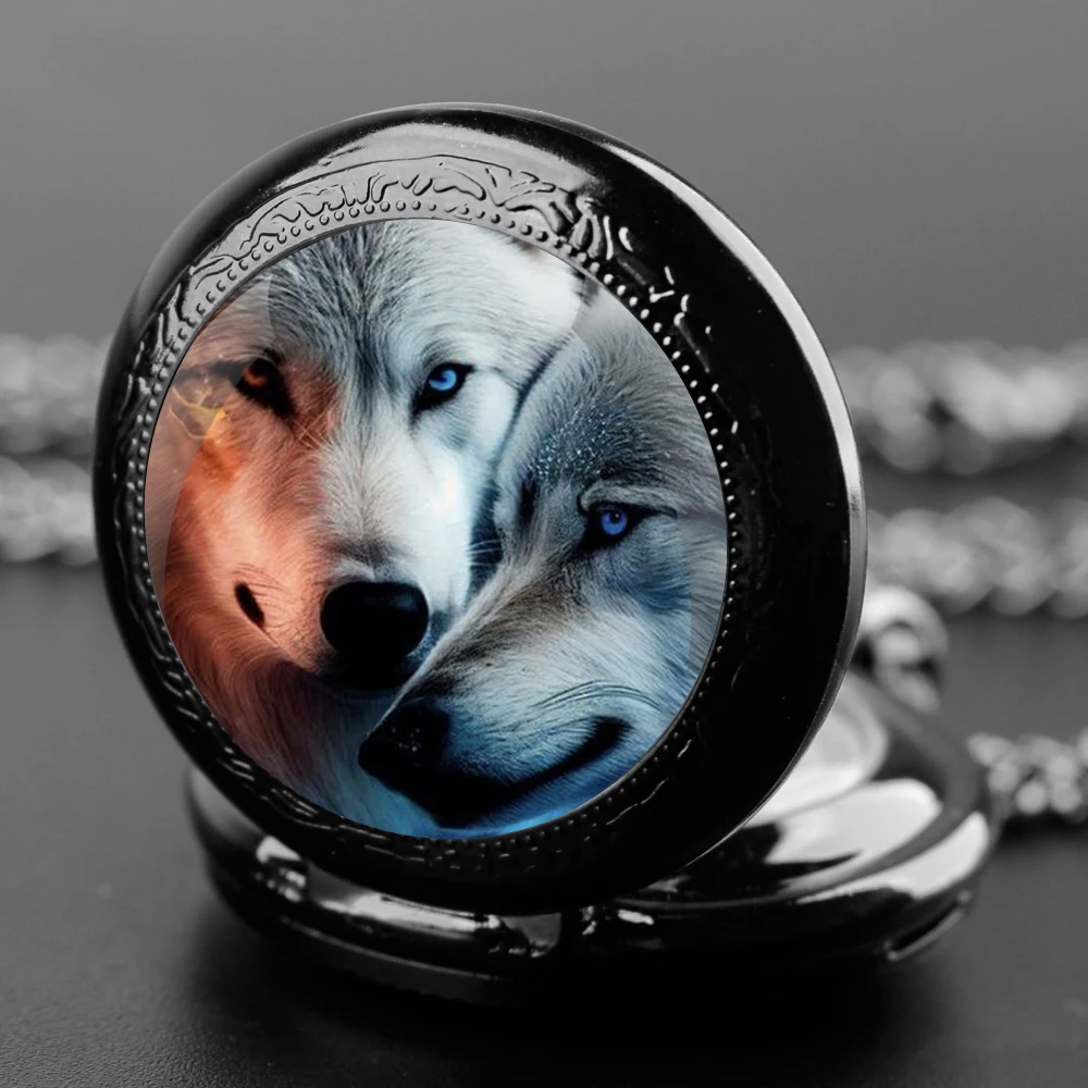 Snuggling Wolves Themed Glass Dome Black Quartz Pocket Watch Classic Arabic Numeral Dial with Durable Chain for Men Gifts