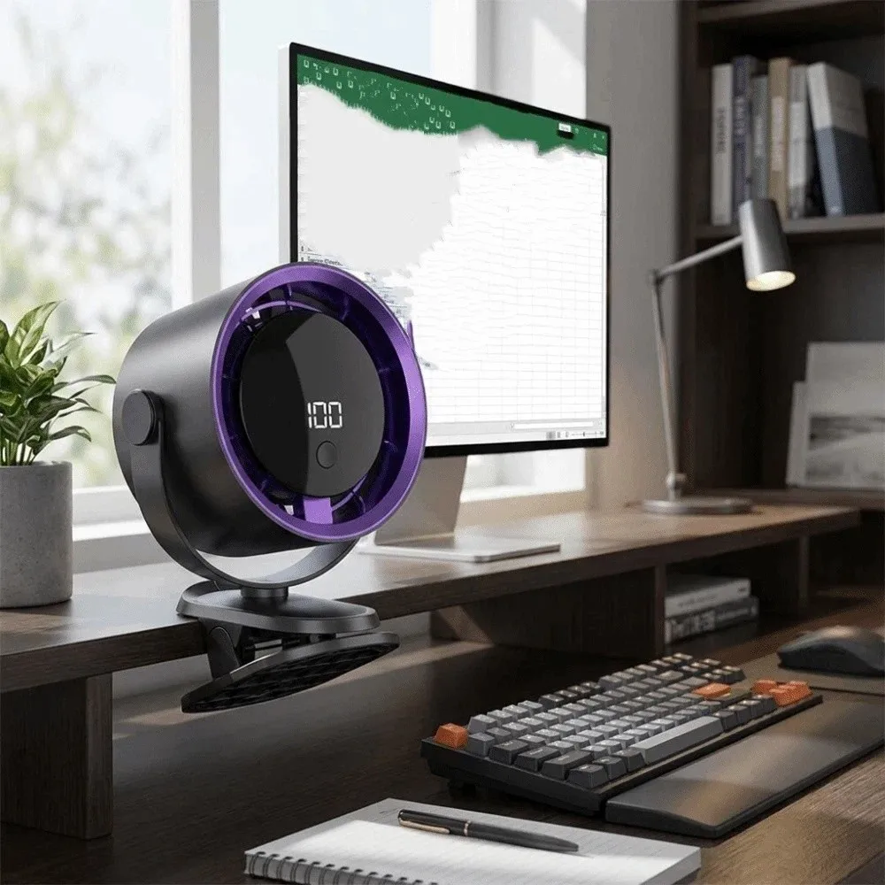 Display Screen Desktop Clip Fan Long Lasting Battery Brushless Motor Portable Fan Low Noise Flexible Clip Mini Fan Outdoor Use