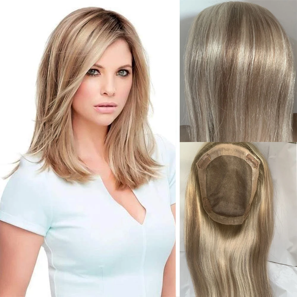 Highlight Brown and Blonde Color Toupee10-20inch Straight Mono+pu Human Hair Topper Hairpieces for Women 100% Natural Remy Wig