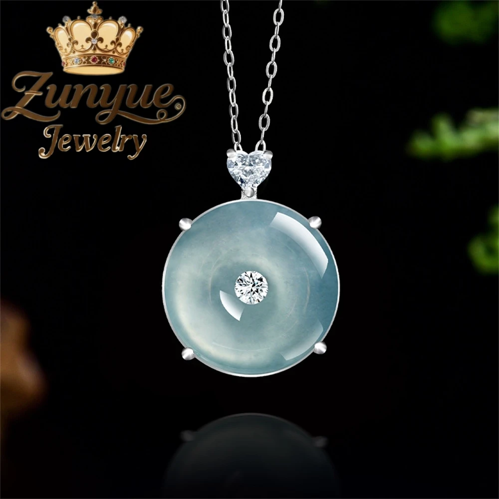 

High-End S925 Silver Inlaid Natural A-Grade Jadeite Blue Water Peace Pendant Necklace, Ice-Type Jade Pendant For Men And Women